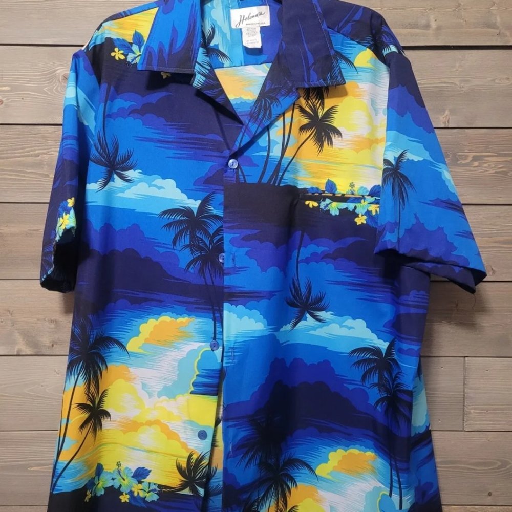 Vintage Hawaiian Shirt Blue Made in Hawaii USA Helena's Brand Size 2X Adult